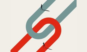 Red and Taupe Colored U-Shaped Lines Intersect with Human Figures Walking Opposite