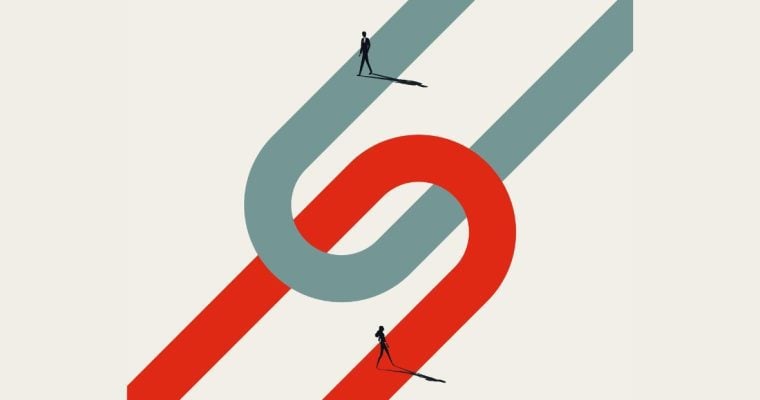 Red and Taupe Colored U-Shaped Lines Intersect with Human Figures Walking Opposite