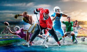 Collage Image of Various Athletes Active in Different Sports with Stadium Background