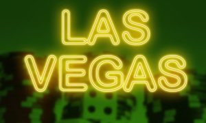 Las Vegas Text in Yellow Neon Over Image of Dice and Poker Chips