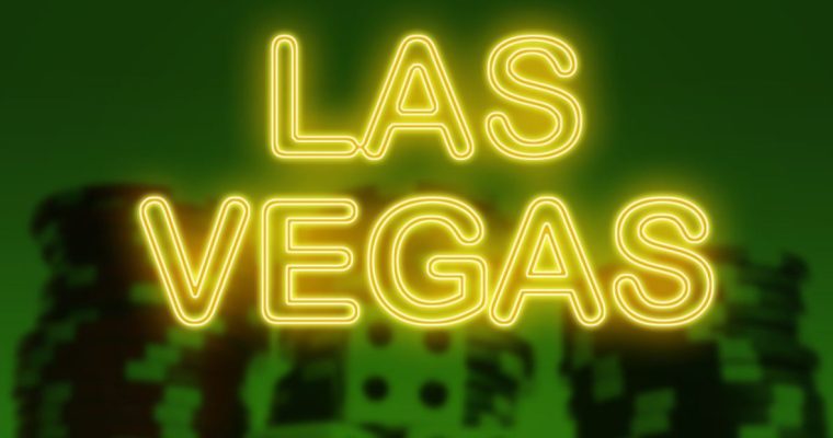 Las Vegas Text in Yellow Neon Over Image of Dice and Poker Chips