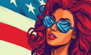 Pop Art Vector of Red Haired Woman in Blue Sunglasses Standing Next to American Flag