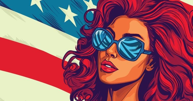 Pop Art Vector of Red Haired Woman in Blue Sunglasses Standing Next to American Flag