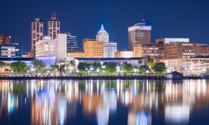 Reflection of Peoria City Lights at Night Seen in Illinois River