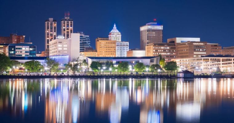 Reflection of Peoria City Lights at Night Seen in Illinois River