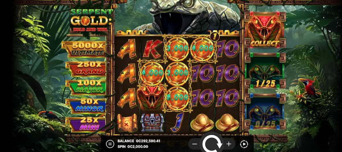 Serpent Gold slot reel setup with five jackpots