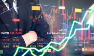 Business Man Stands with Folded Arms And Financial Market Graph and Green Arrow Overlay