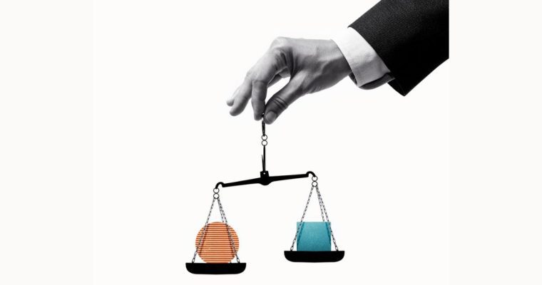 Art Collage of Hand Holding Scale with Blue Square and Orange Circle on Opposing Sides