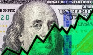 Close Up of American $100 Bill With Neon Green Overlay Beneath Black Upwards Arrow