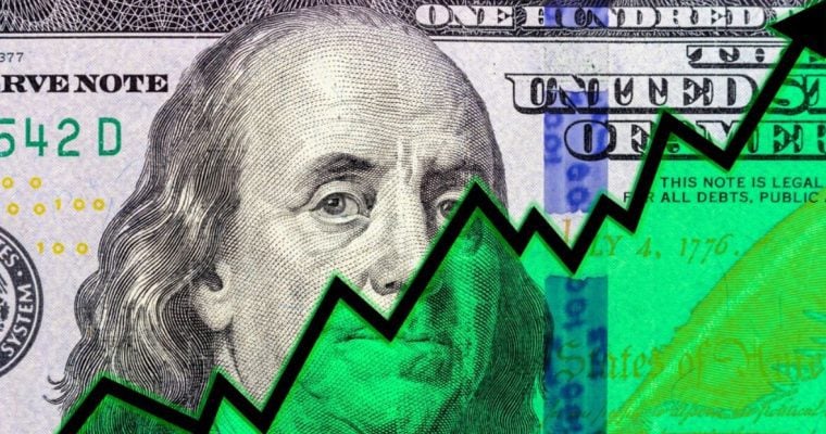 Close Up of American $100 Bill With Neon Green Overlay Beneath Black Upwards Arrow