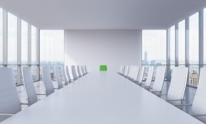 Sterile White Office with White Chairs and Floor-to-Cieling Windows of Cityscape View
