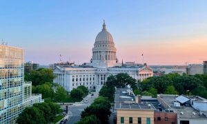 Sunset Skies Behind Wisconsin State Capitol and Surrounding Buildings