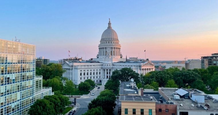Sunset Skies Behind Wisconsin State Capitol and Surrounding Buildings