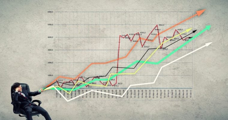 Several Multi-Colored Line Graphs with Arrows Trending Up and Man in Suit Sitting at Bottom Left Corner