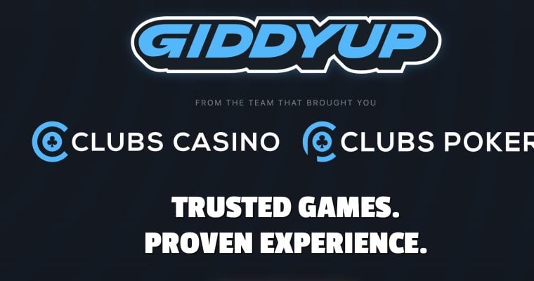 Screenshot of the GiddyUp Casino logo and showing that the platform comes from the team behind Clubs Casino and Clubs Poker