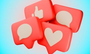 Red Social Media Action Icons Such as Likes, Hearts and Comments on Blue Background