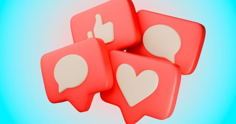 Red Social Media Action Icons Such as Likes, Hearts and Comments on Blue Background