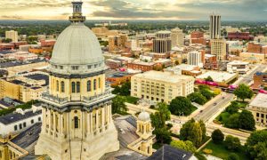 Cloudy Skies Over Springfield, Illinois. Aerial View with State Capitol Building in Foreground