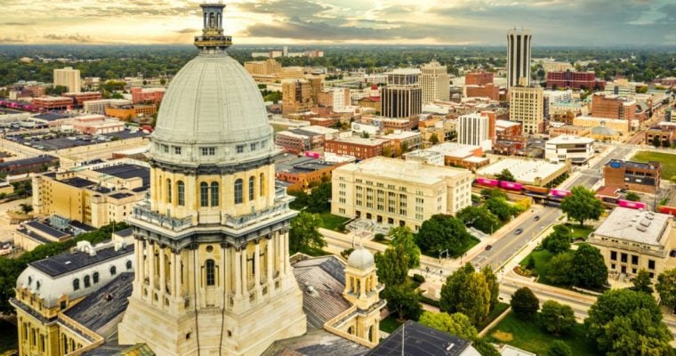 Cloudy Skies Over Springfield, Illinois. Aerial View with State Capitol Building in Foreground