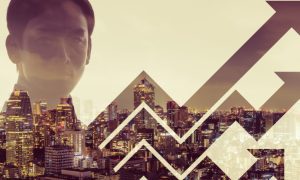 City Background And Man Standing Next Tow Financial Arrows Image Overlay
