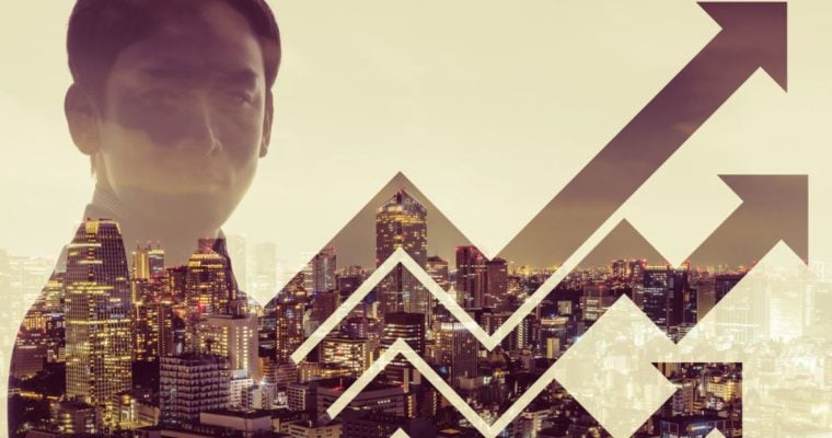 City Background And Man Standing Next Tow Financial Arrows Image Overlay