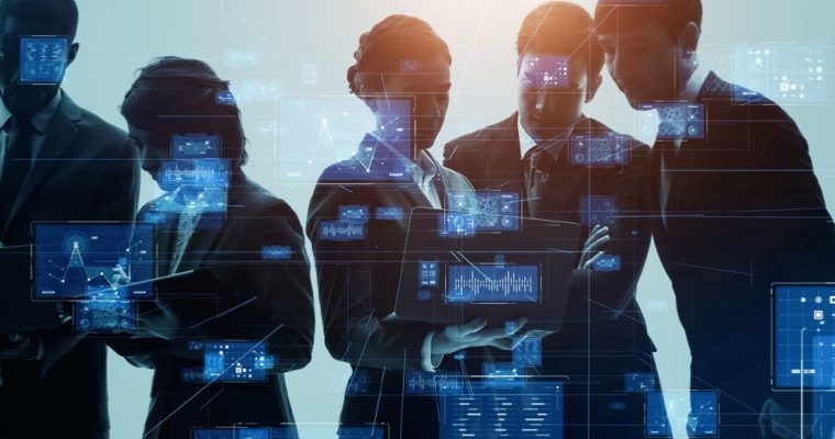 Business Men and Women Work Together Analyzing Data with Digital Screens Overlay