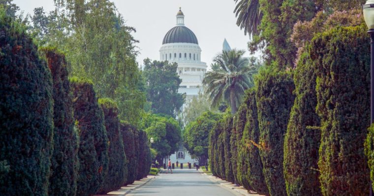Green Trees Line the Front Entrance of California's State Capitol Building