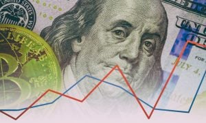 Red & Blue Line Graph Overlay Image of Gold Coin On $100 Bill