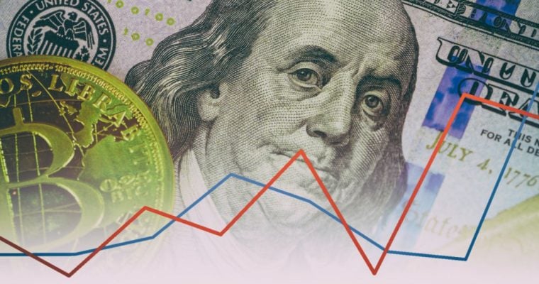 Red & Blue Line Graph Overlay Image of Gold Coin On $100 Bill