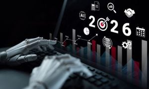 Robot Hands Type on Keyboard with Digital Overlay of 2026 with Target Symbol for '0' And Bar Graph