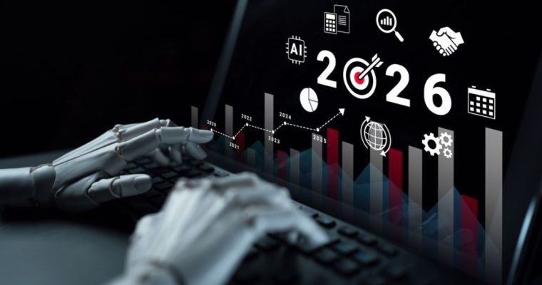 Robot Hands Type on Keyboard with Digital Overlay of 2026 with Target Symbol for '0' And Bar Graph