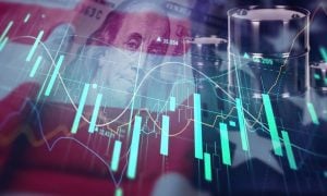Oil Barrels and Benjamin Franklin on $100 Bill Sit Side-By-Side with Candlestick Graph Digital Image Overlay