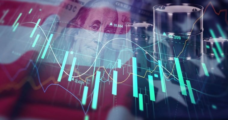 Oil Barrels and Benjamin Franklin on $100 Bill Sit Side-By-Side with Candlestick Graph Digital Image Overlay