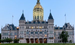 Blue Skies and Light On At State Capitol Building in Connecticut