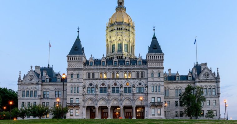 Blue Skies and Light On At State Capitol Building in Connecticut