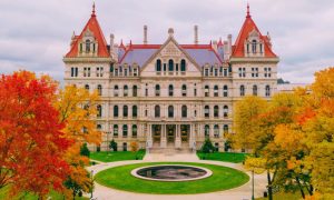 Aerial View on New York State Capitol Building Surrounded by Colorful Trees and Green Grass