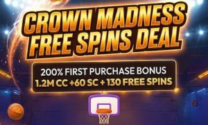 Illustration of Basketball Court with Text Reading Crown Madness Free Spins Deal