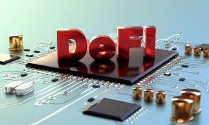 Conceptual Illustration of Digital Decentralized Finance with Circuitboard and DeFi Text in Red Letters