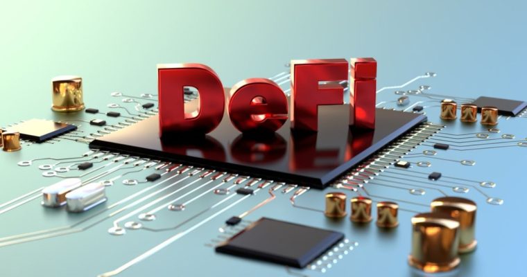 Conceptual Illustration of Digital Decentralized Finance with Circuitboard and DeFi Text in Red Letters