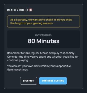 A screenshot telling me that I had been playing for 80 minutes on GiddyUp Casino and asking if I needed a break.