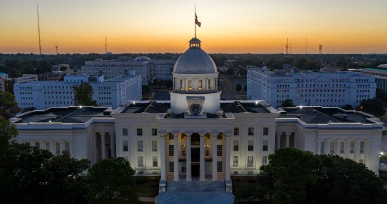 Aerial View of a Sunset Skyline Around the Capitol Building in Montgomery, Alabama