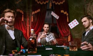 Three Young Men Gamble in a High Roller Salon inside a Casino with Red Curtains