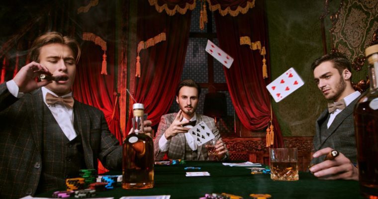 Three Young Men Gamble in a High Roller Salon inside a Casino with Red Curtains