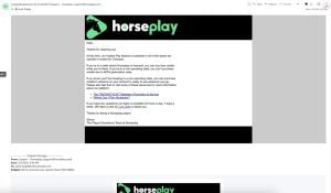 A screenshot of an email exchange between the author and Horseplay customer support.