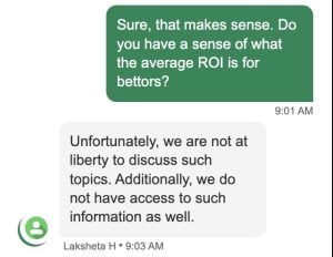 Screenshot showing an interaction between the author and Horseplay live chat.