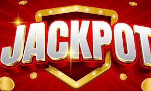 Gold Marquee with Oversized Jackpot in White Text on Red Background with Gold Coins Flying Around