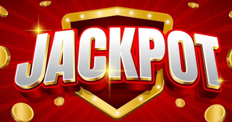 Gold Marquee with Oversized Jackpot in White Text on Red Background with Gold Coins Flying Around