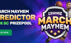 Professional Basketball Player In Action Behind Legendz March Mayhem Shield with Logo