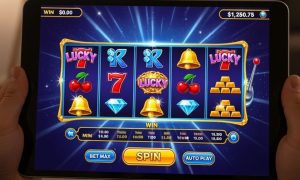 Man Sits in Living Room Holding iPad Playing Online Slot Game