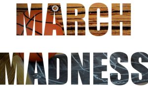 Image of Basketball on Wood Court Sitting Next To Chalkboard Fills Letters Reading March Madness